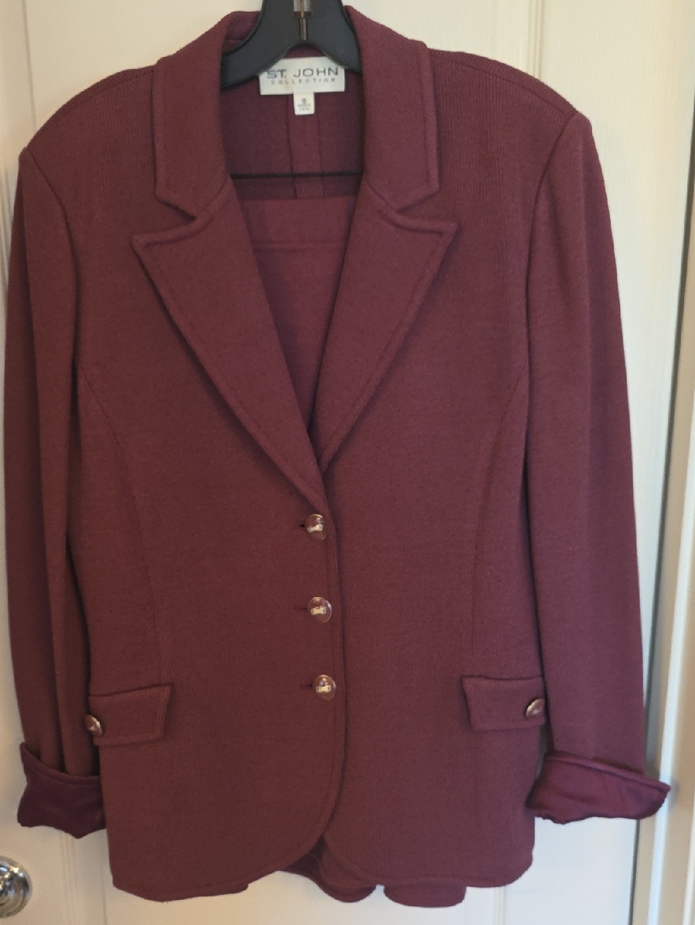 St. John Burgundy Knit Blazer and Skirt Set with Gold Buttons